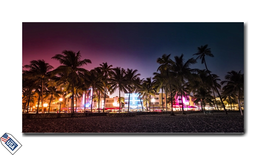 Miami Beach at Night – Vibrant Lights and Palm Trees