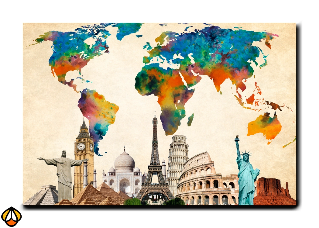 Vibrant World Map with Iconic Landmarks - Travel-Inspired Wall Art